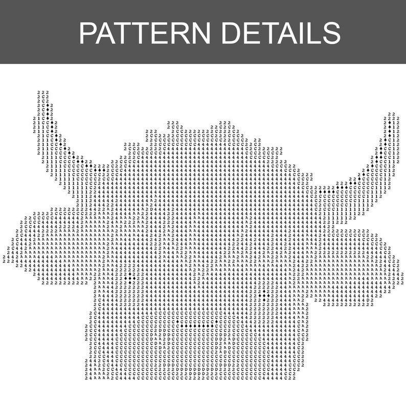 May include: A black and white graphic of a moose, created with a pattern of numbers and letters. The text "PATTERN DETAILS" is at the top of the image. The moose is facing left, with antlers and a detailed body.