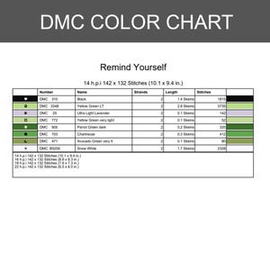 May include: A DMC color chart titled Remind Yourself, featuring a table with columns for symbol, number, name, strands, length in skeins, and stitches. It lists colors including black, yellow green, lavender, chartreuse, and snow white with dimensions.