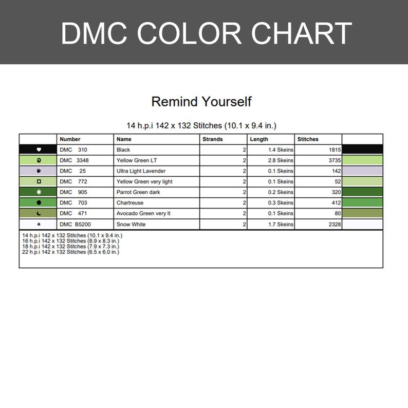 May include: A DMC color chart titled Remind Yourself, featuring a table with columns for symbol, number, name, strands, length in skeins, and stitches. It lists colors including black, yellow green, lavender, chartreuse, and snow white with dimensions.