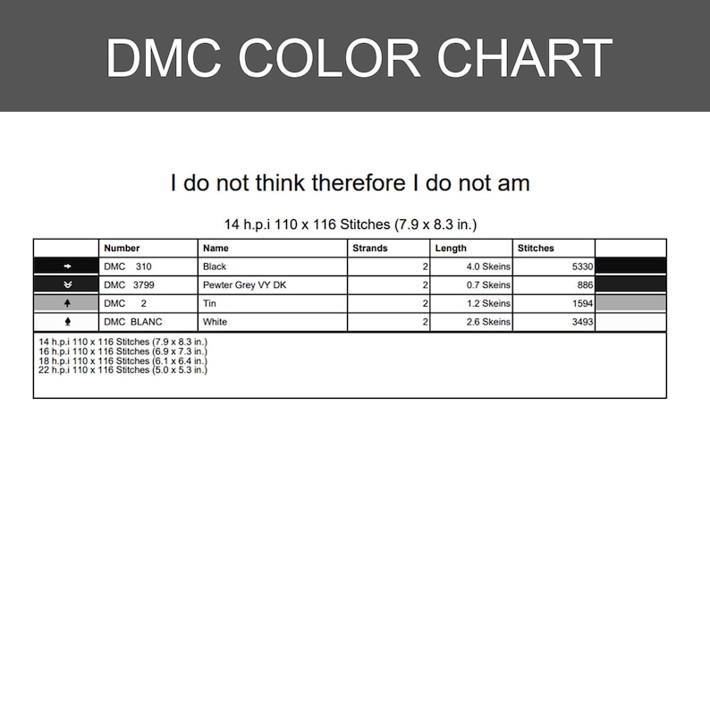 May include: A DMC color chart featuring the text I do not think therefore I do not am. The table lists thread numbers 310, 3799, 2, and Blanc with corresponding names, strand counts, lengths in skeins, and stitch counts for 14 h.p.i. 7.9 x 8.3 in.