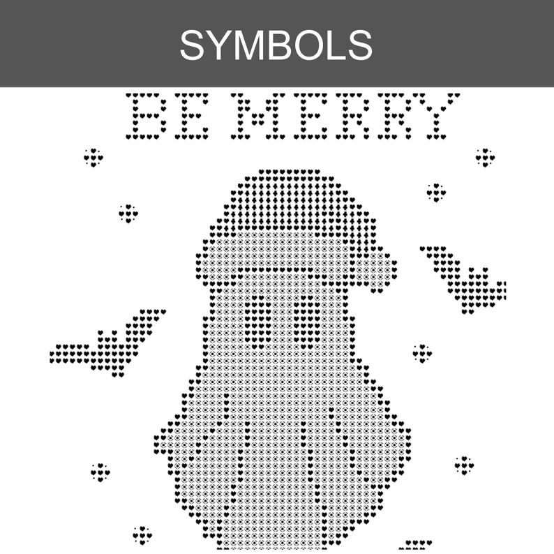 K&ouml;nnte beinhalten: Ein schwarz-wei&szlig;es Kreuzstichmuster mit dem Text BE MERRY am oberen Rand. Unter dem Text befindet sich eine zentrale Figur mit einer M&uuml;tze, flankiert von zwei fliegenden Flederm&auml;usen. Das Design besteht aus kleinen herzf&ouml;rmigen Symbolen.