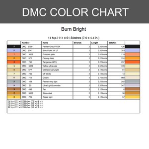 K&ouml;nnte beinhalten: Eine DMC-Farbkarte mit dem Titel Burn Bright, die eine Tabelle mit Spalten f&uuml;r Symbol, DMC-Nummer, Farbname, F&auml;den, L&auml;nge in Str&auml;ngen und Stichanzahl enth&auml;lt. Die Tabelle listet 12 Farben auf, darunter Zinngrau, Blauviolett und verschiedene Gelbt&ouml;ne.