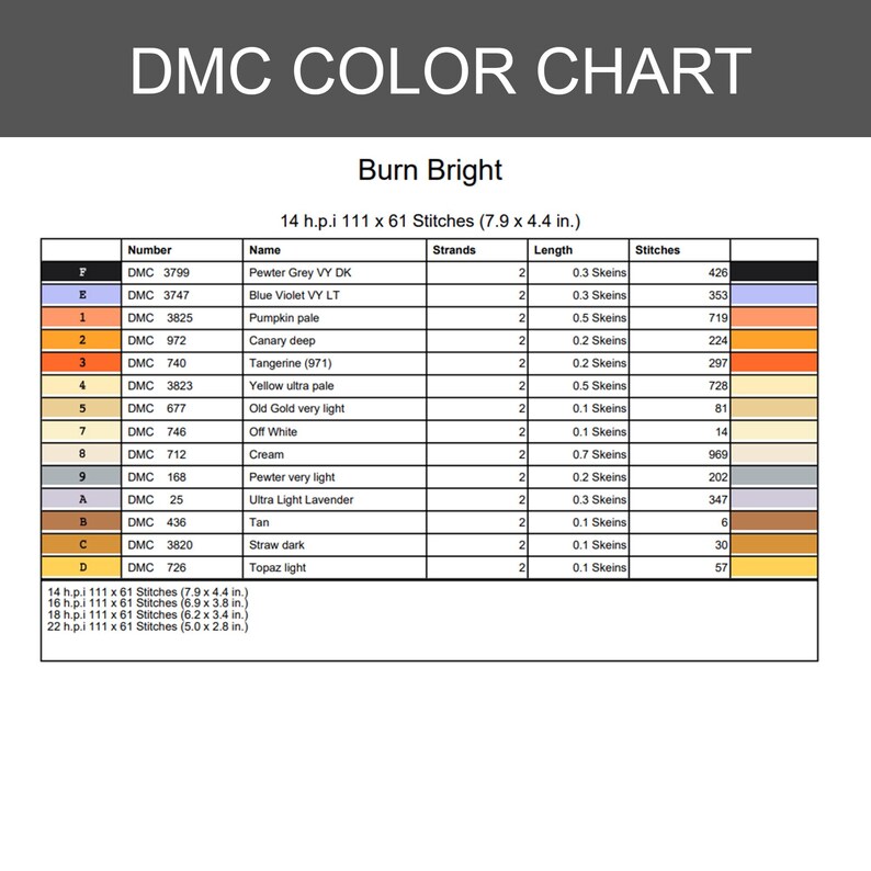 K&ouml;nnte beinhalten: Eine DMC-Farbkarte mit dem Titel Burn Bright, die eine Tabelle mit Spalten f&uuml;r Symbol, DMC-Nummer, Farbname, F&auml;den, L&auml;nge in Str&auml;ngen und Stichanzahl enth&auml;lt. Die Tabelle listet 12 Farben auf, darunter Zinngrau, Blauviolett und verschiedene Gelbt&ouml;ne.