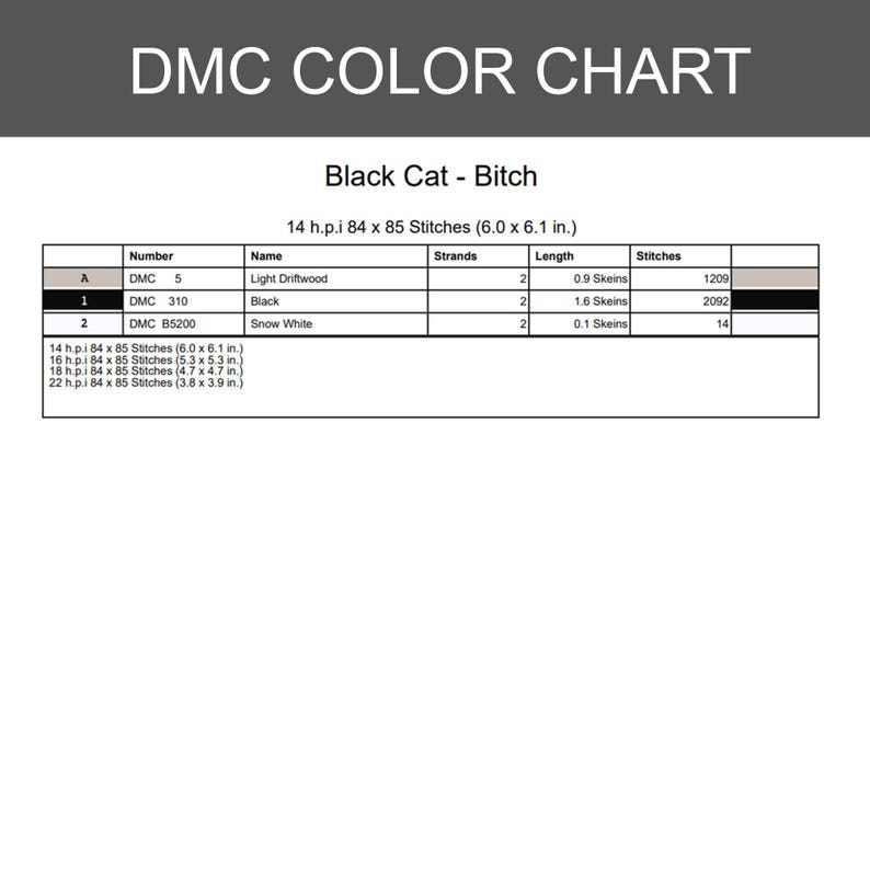 Puede incluir: Una tabla de colores DMC para un patr&oacute;n de punto de cruz titulado Black Cat - Bitch. La tabla enumera los n&uacute;meros de hilo DMC 5, 310 y B5200 con los nombres Light Driftwood, Black y Snow White, incluyendo el n&uacute;mero de hebras y puntadas.