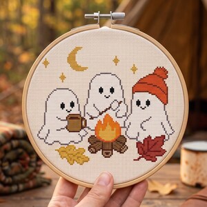 Spöken lägereld korsstygnsmönster, Rozing marshmallows höstnatt nålsticksdiagram, kuslig säsong mysig höstpyssel digital nedladdning bild 4