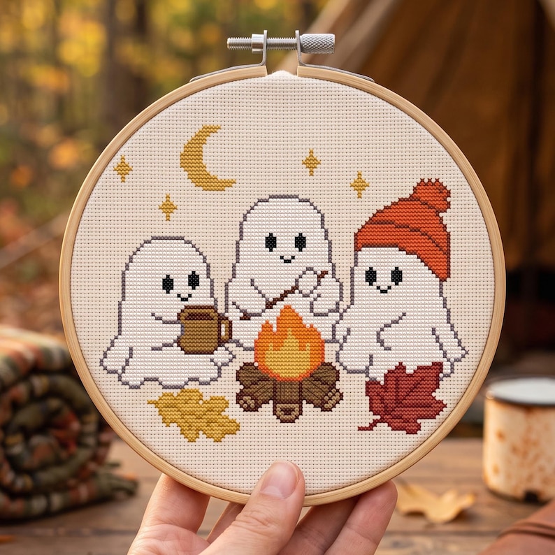 Spöken lägereld korsstygnsmönster, Rozing marshmallows höstnatt nålsticksdiagram, kuslig säsong mysig höstpyssel digital nedladdning bild 4