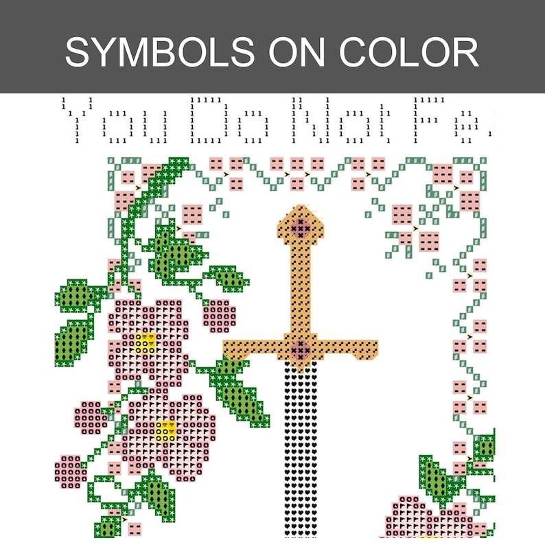 May include: A cross-stitch pattern featuring a central sword with a gold hilt and black blade, surrounded by pink flowers and green leaves. The text "YOU DO NOT FE" is visible at the top, and the header reads "SYMBOLS ON COLOR" in white text.
