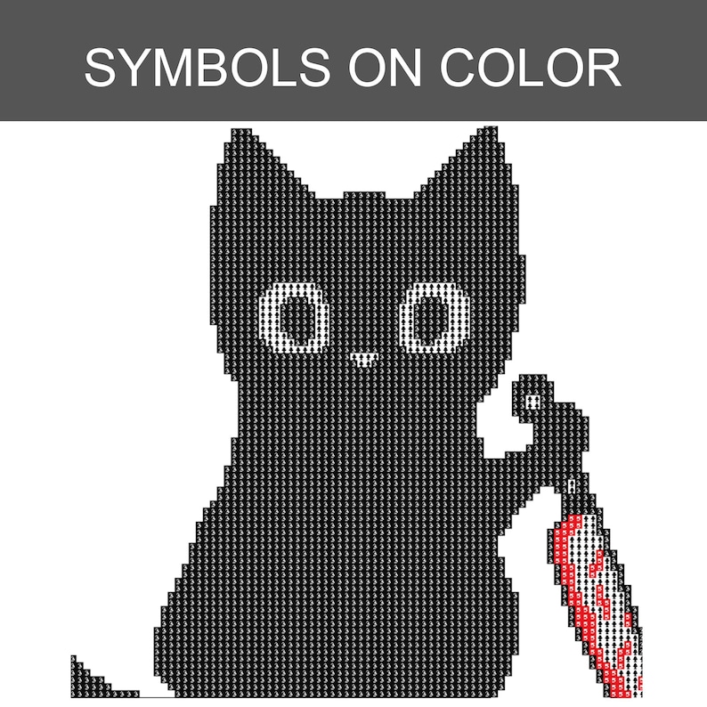 K&ouml;nnte beinhalten: Ein Kreuzstichmuster mit einer schwarzen Katze mit gro&szlig;en wei&szlig;en Augen, die ein Messer mit roter Klinge h&auml;lt. Das Design besteht aus einem Gitter aus Symbolen auf wei&szlig;em Hintergrund, wobei der Text SYMBOLS ON COLOR in einer dunkelgrauen Kopfzeile steht.