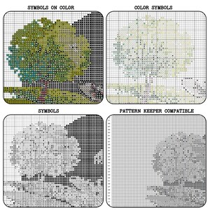 Pode incluir: Quatro padr&otilde;es de ponto cruz s&atilde;o exibidos, cada um mostrando uma cena de &aacute;rvore. O canto superior esquerdo mostra o design com s&iacute;mbolos em cores, o superior direito com s&iacute;mbolos de cores, o inferior esquerdo com s&iacute;mbolos e o inferior direito &eacute; compat&iacute;vel com Pattern Keeper.