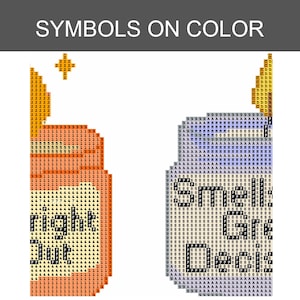K&ouml;nnte beinhalten: Ein Diamond-Painting-Muster mit der Aufschrift SYMBOLS ON COLOR, das zwei verschiedene Designs zeigt. Die linke Seite zeigt eine orangefarbene Kerzenform mit numerischen Symbolen, w&auml;hrend die rechte Seite ein blaues Glas mit alphanumerischen Symbolen darstellt.
