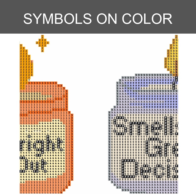 K&ouml;nnte beinhalten: Ein Diamond-Painting-Muster mit der Aufschrift SYMBOLS ON COLOR, das zwei verschiedene Designs zeigt. Die linke Seite zeigt eine orangefarbene Kerzenform mit numerischen Symbolen, w&auml;hrend die rechte Seite ein blaues Glas mit alphanumerischen Symbolen darstellt.
