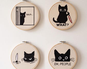 Sarcastic Black Cat Cross Stitch Bundle, Sassy Memes (PDF Pattern)