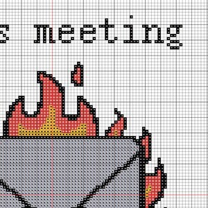 Pode incluir: Um padr&atilde;o de ponto cruz numa grelha com o texto "s meeting" em letras pretas sobre um gr&aacute;fico de um objeto cinzento envolvido por chamas vermelhas e amarelas brilhantes, com um pequeno &iacute;cone de chama vermelha sobre o fogo.