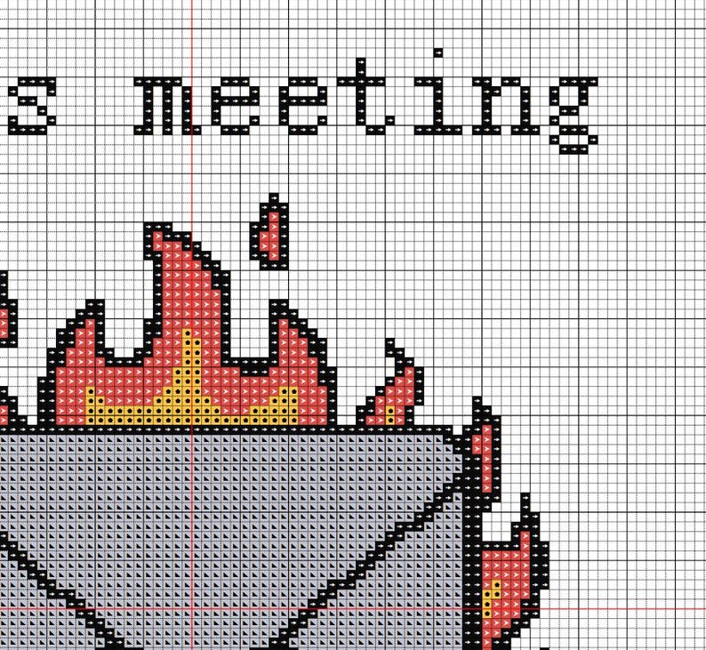 Pode incluir: Um padr&atilde;o de ponto cruz numa grelha com o texto "s meeting" em letras pretas sobre um gr&aacute;fico de um objeto cinzento envolvido por chamas vermelhas e amarelas brilhantes, com um pequeno &iacute;cone de chama vermelha sobre o fogo.