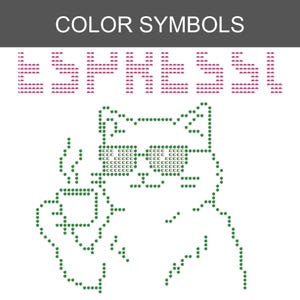 Puede incluir: Un patr&oacute;n de punto de cruz titulado COLOR SYMBOLS que muestra un gato con gafas y una taza humeante. El texto COLOR SYMBOLS aparece en la parte superior, con una fila de s&iacute;mbolos rojos debajo y una ilustraci&oacute;n de un gato en puntos verdes.