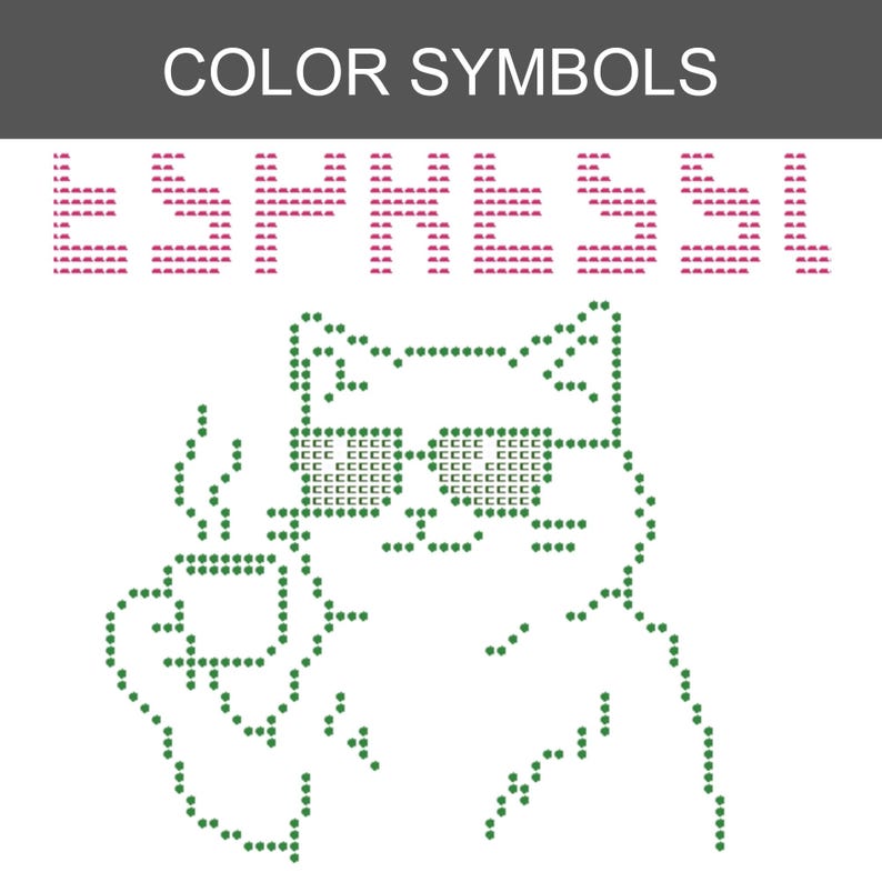 Puede incluir: Un patr&oacute;n de punto de cruz titulado COLOR SYMBOLS que muestra un gato con gafas y una taza humeante. El texto COLOR SYMBOLS aparece en la parte superior, con una fila de s&iacute;mbolos rojos debajo y una ilustraci&oacute;n de un gato en puntos verdes.