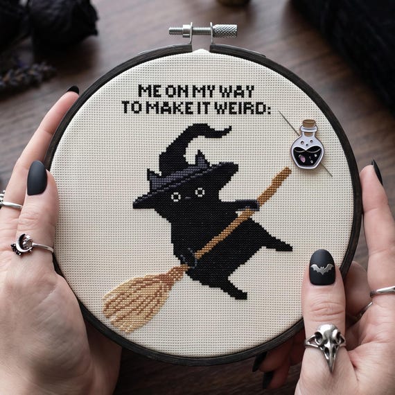 Witch Cat Broomstick Cross Stitch Pattern (PDF Download)