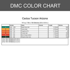 May include: A DMC color chart titled "Cactus Tucson Arizona" with a table listing thread colors, numbers, and stitch counts. The chart includes colors like Bright Green dark, Canary deep, and Tangerine. The chart is for 14 h.p.i. and measures 9.9 x 9.9 inches.