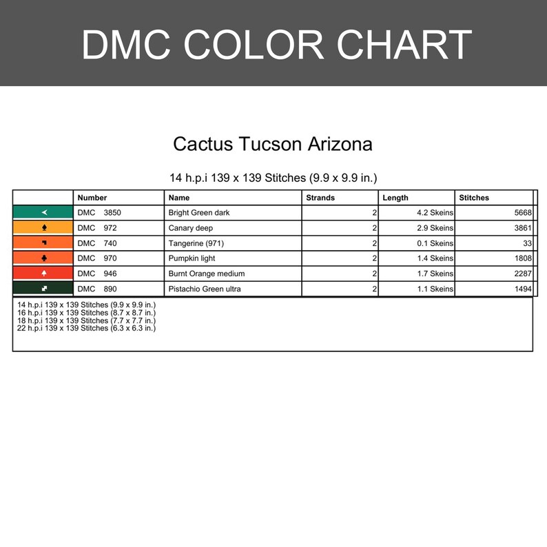 May include: A DMC color chart titled "Cactus Tucson Arizona" with a table listing thread colors, numbers, and stitch counts. The chart includes colors like Bright Green dark, Canary deep, and Tangerine. The chart is for 14 h.p.i. and measures 9.9 x 9.9 inches.