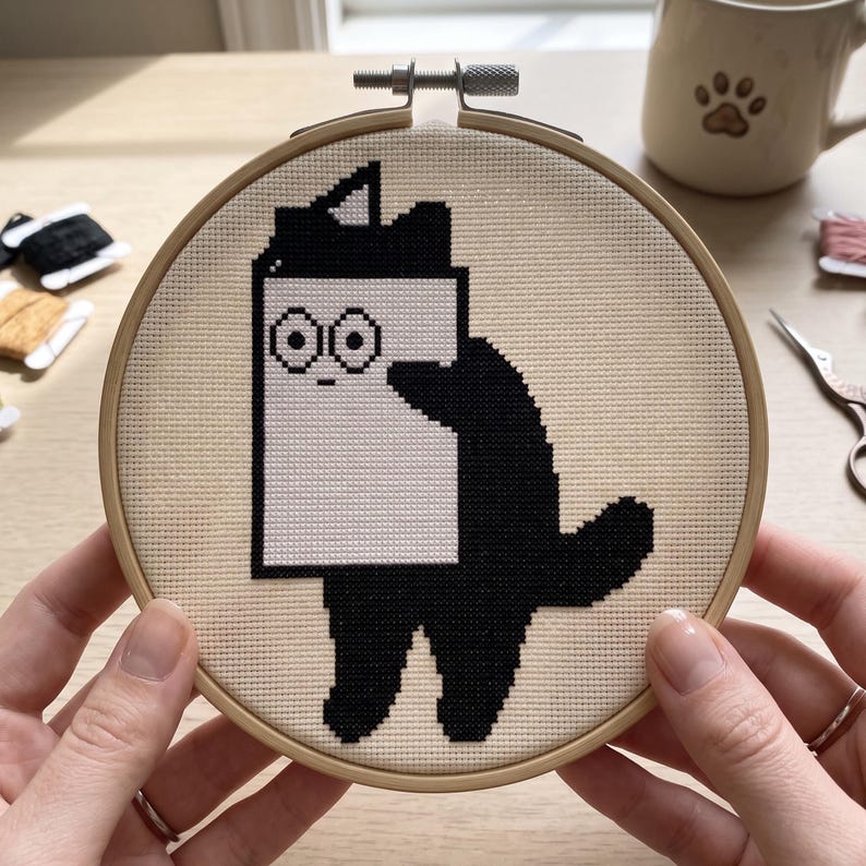May include: A circular wooden embroidery hoop containing a cross-stitch pattern on cream-colored fabric. The design features a stylized black cat with a large, rectangular white head and two circular eyes, creating a simple, graphic, pixelated appearance.