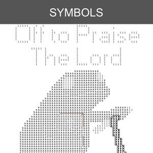 May include: A black and white diamond painting pattern sheet featuring the word SYMBOLS at the top, followed by the text Oh Praise The Lord formed by the number 1. Below the text is a large graphic composed of letters A, 5, I, J, and moon icons.