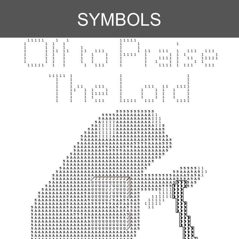 May include: A black and white diamond painting pattern sheet featuring the word SYMBOLS at the top, followed by the text Oh Praise The Lord formed by the number 1. Below the text is a large graphic composed of letters A, 5, I, J, and moon icons.