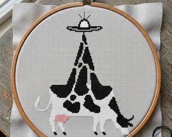 Alien Cow Abduction Cross Stitch Pattern, Funny UFO Needlepoint, Instant Download