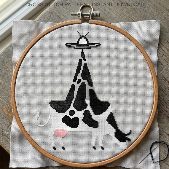 Alien Cow Abduction Cross Stitch Pattern, Funny UFO Needlepoint, Instant Download