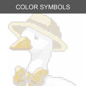 May include: Image with the text "COLOR SYMBOLS" at the top. The image is a pixelated illustration of a character, with a yellow hat and a white face. The illustration is made up of numbers and symbols.