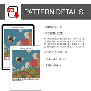K&ouml;nnte beinhalten: Ein digitales Kreuzstichmuster mit dem Titel "Bumblebee and Flowers", das auf einem Tablet und einer gedruckten Seite angezeigt wird. Die Musterdetails umfassen AIDA-Stoff, Designgr&ouml;&szlig;en in Zoll, 12 DMC-Farben, Vollstiche und 2 Str&auml;nge.