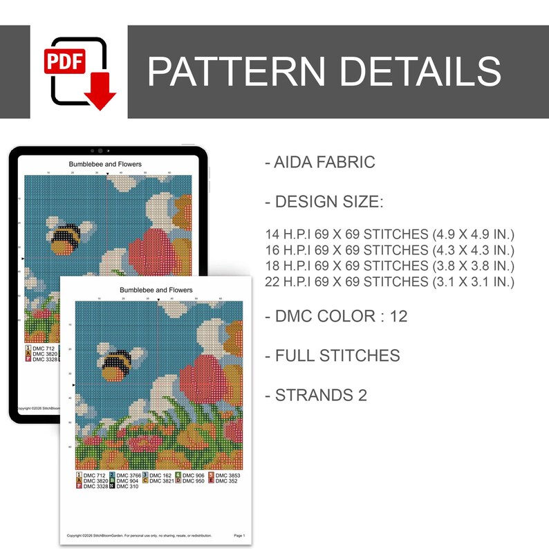 K&ouml;nnte beinhalten: Ein digitales Kreuzstichmuster mit dem Titel "Bumblebee and Flowers", das auf einem Tablet und einer gedruckten Seite angezeigt wird. Die Musterdetails umfassen AIDA-Stoff, Designgr&ouml;&szlig;en in Zoll, 12 DMC-Farben, Vollstiche und 2 Str&auml;nge.