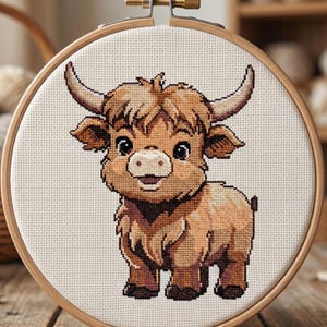 May include: A cross-stitch pattern of a cartoon Highland cow in a wooden embroidery hoop. The cow is brown with large horns and a fluffy coat. The text "CROSS STITCH PATTERN - INSTANT DOWNLOAD" is at the top.