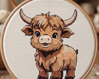 Highland Cow Cross Stitch Pattern, Farmhouse Nursery Embroidery (Instant Download)
