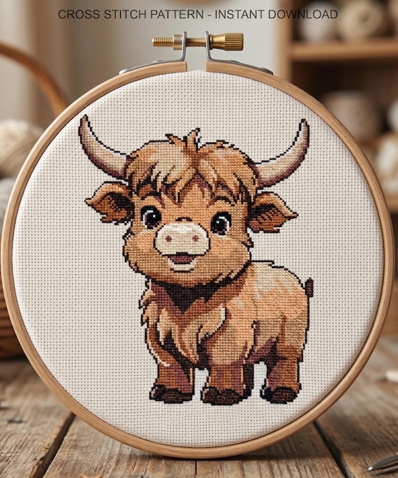 Highland Cow Cross Stitch Pattern, Farmhouse Nursery Embroidery (Instant Download)