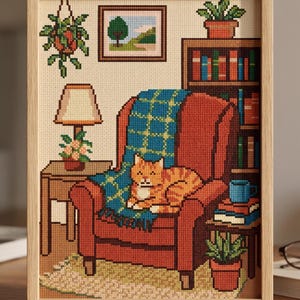 May include: A framed cross-stitch embroidery depicting a cozy room scene with a red armchair, a blue plaid blanket, and an orange tabby cat resting on the seat. The scene includes a bookshelf, a side table with a lamp, a hanging plant, and a rug.