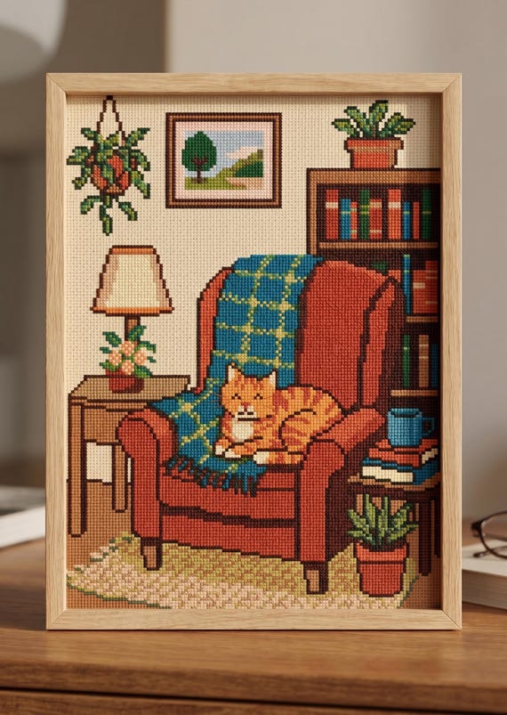 Cozy Orange Cat Cross Stitch Pattern, Living Room Scene Needlepoint, Instant Download