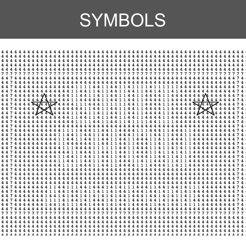 K&ouml;nnte beinhalten: Ein wei&szlig;es Rasterblatt mit der &Uuml;berschrift SYMBOLS, das Reihen von gedruckten Zahlen 1, 4 und 7 zeigt. Zwei schwarz gezeichnete Sternformen sind horizontal &uuml;ber das Raster verteilt und in das Zahlenmuster integriert.