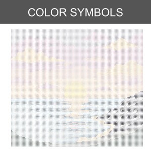 May include: A square diamond painting pattern titled COLOR SYMBOLS featuring a grid of letters and numbers. The design depicts a sunset over the ocean with clouds, a yellow sun, blue water, and a dark rocky shoreline in the bottom right corner.