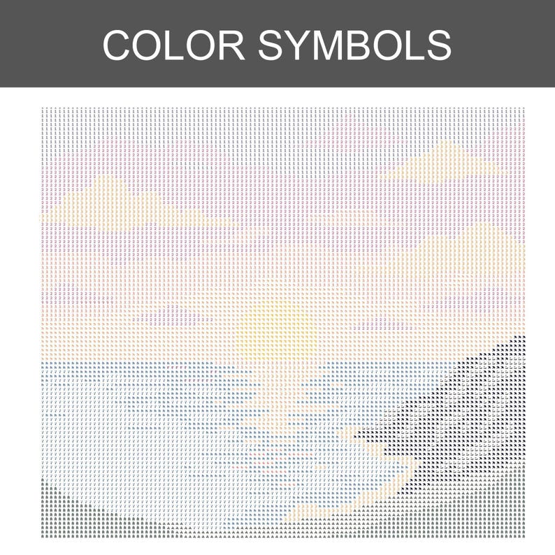 May include: A square diamond painting pattern titled COLOR SYMBOLS featuring a grid of letters and numbers. The design depicts a sunset over the ocean with clouds, a yellow sun, blue water, and a dark rocky shoreline in the bottom right corner.