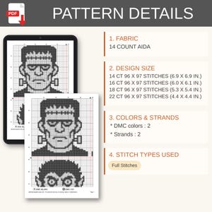 Puede incluir: Un patr&oacute;n de punto de cruz digital con un gr&aacute;fico en blanco y negro del monstruo de Frankenstein. El documento enumera los requisitos de tela, tama&ntilde;os en cm para Aida de 14, 16, 18 y 22, dos colores DMC, dos hebras y puntos completos.