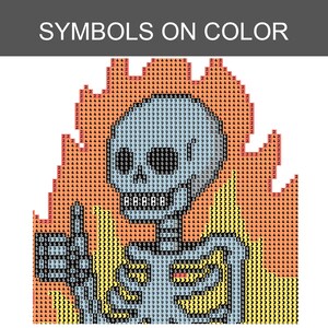 May include: A diamond painting pattern featuring a skull surrounded by flames, with the text SYMBOLS ON COLOR at the top. The design uses a grid of squares filled with numbers and symbols representing colors for a craft project on a white background.