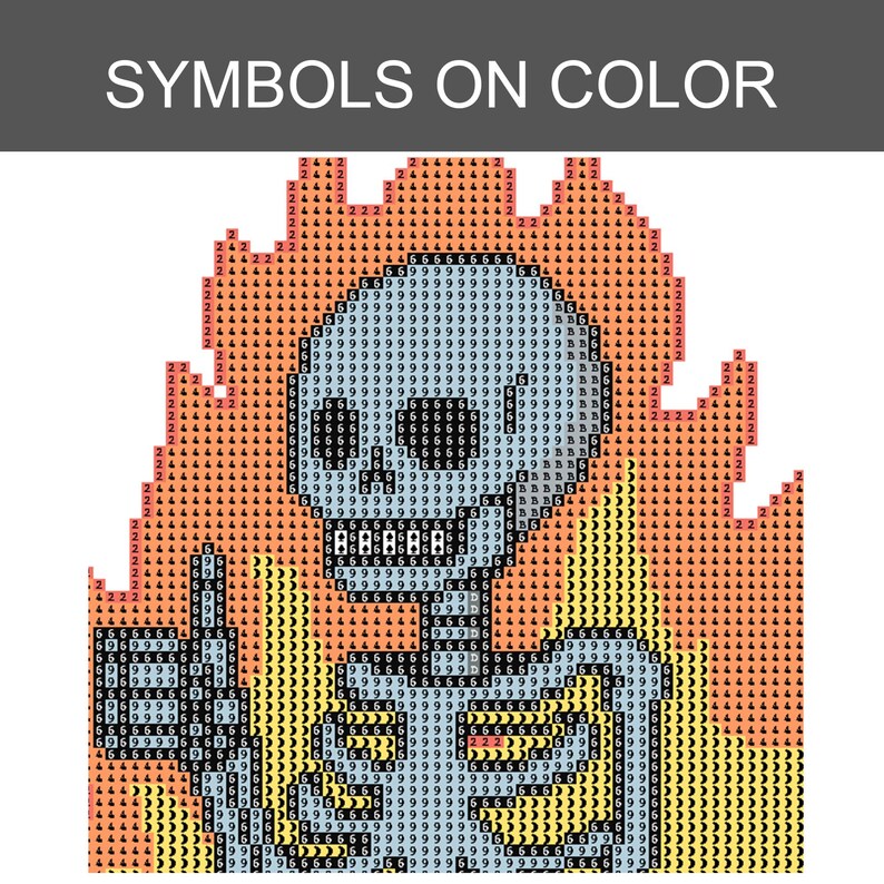 May include: A diamond painting pattern featuring a skull surrounded by flames, with the text SYMBOLS ON COLOR at the top. The design uses a grid of squares filled with numbers and symbols representing colors for a craft project on a white background.