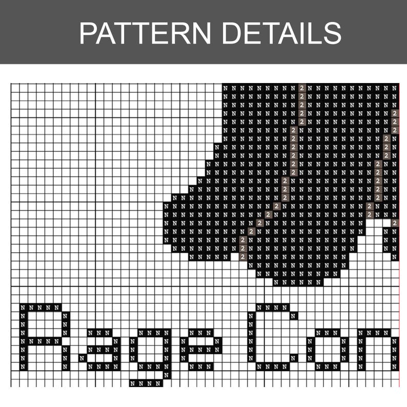May include: A cross-stitch pattern detail sheet with the text "PATTERN DETAILS" at the top. The pattern features a black and white design with the words "Rage Con" in a block letter style. The pattern uses a grid system for easy stitching.
