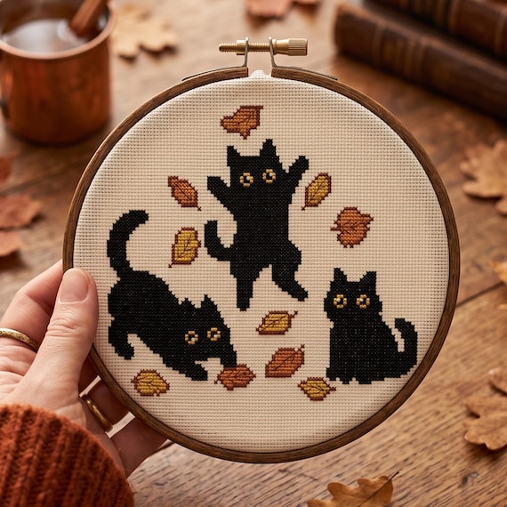 Black Cats and Autumn Leaves Cross Stitch Pattern, Fall Season Needlepoint, Halloween Embroidery, Instant Download