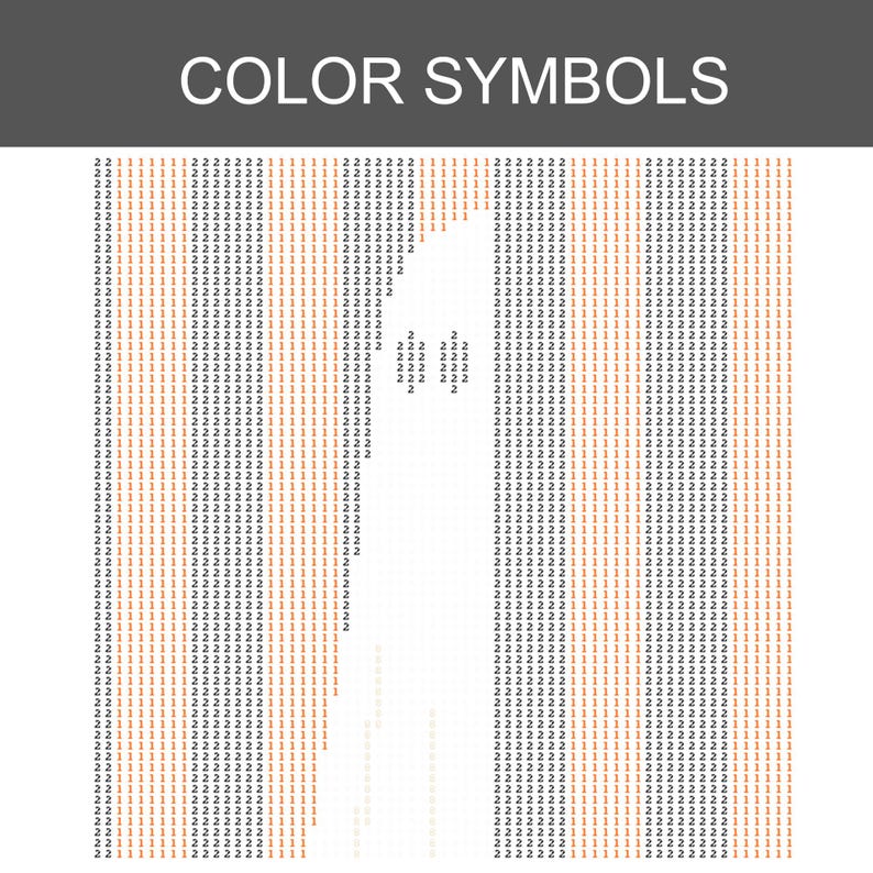 May include: A colour symbols chart featuring a grid of repeating numbers 1 and 2 in orange and black, organised into vertical stripes. The text COLOR SYMBOLS is printed in white on a dark grey header bar at the top of the rectangular design.