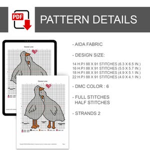 Puede incluir: Un patr&oacute;n de punto de cruz titulado "Goose Love" se muestra en una tableta y papel. El dise&ntilde;o presenta dos gansos grises con picos y patas naranjas, un coraz&oacute;n rosa y detalles como el n&uacute;mero de puntadas y los colores DMC.