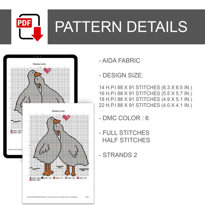 Puede incluir: Un patr&oacute;n de punto de cruz titulado "Goose Love" se muestra en una tableta y papel. El dise&ntilde;o presenta dos gansos grises con picos y patas naranjas, un coraz&oacute;n rosa y detalles como el n&uacute;mero de puntadas y los colores DMC.