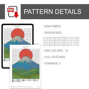 Op de afbeelding: Een digitaal kruissteekpatroon van de berg Fuji met een rode zon, blauwe berg en groen landschap. De tekst bevat PATTERN DETAILS, AIDA FABRIC en ontwerpafmetingen in inches voor 14, 16, 18 en 22 count stof met 12 DMC-kleuren.