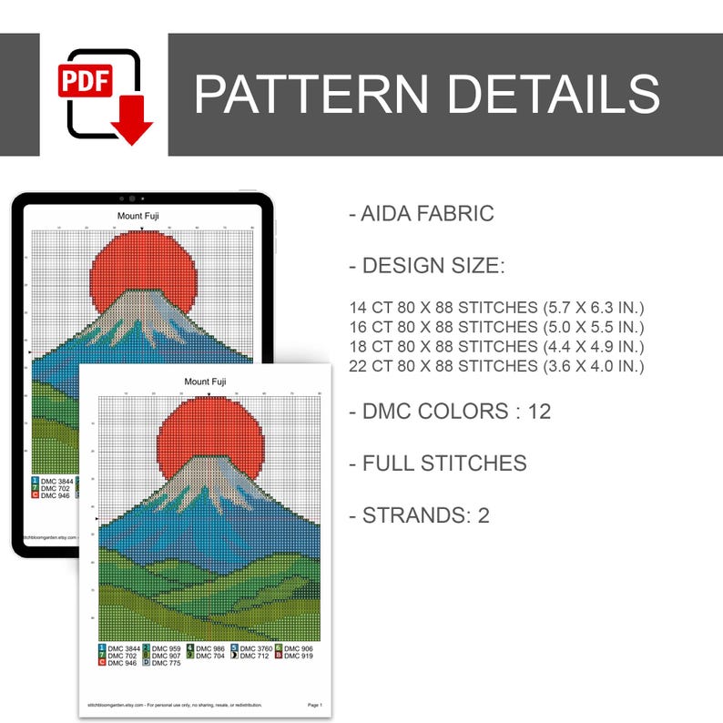 Op de afbeelding: Een digitaal kruissteekpatroon van de berg Fuji met een rode zon, blauwe berg en groen landschap. De tekst bevat PATTERN DETAILS, AIDA FABRIC en ontwerpafmetingen in inches voor 14, 16, 18 en 22 count stof met 12 DMC-kleuren.