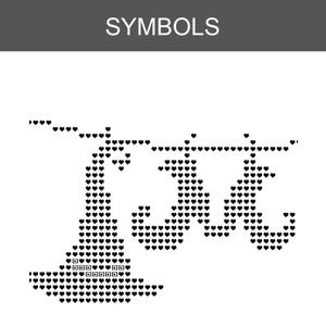 May include: A cross-stitch pattern chart labelled SYMBOLS at the top, featuring a black and white design composed of small heart icons. The graphic depicts a pointed hat and a pair of curled-toe shoes, all rendered in a pixelated style.